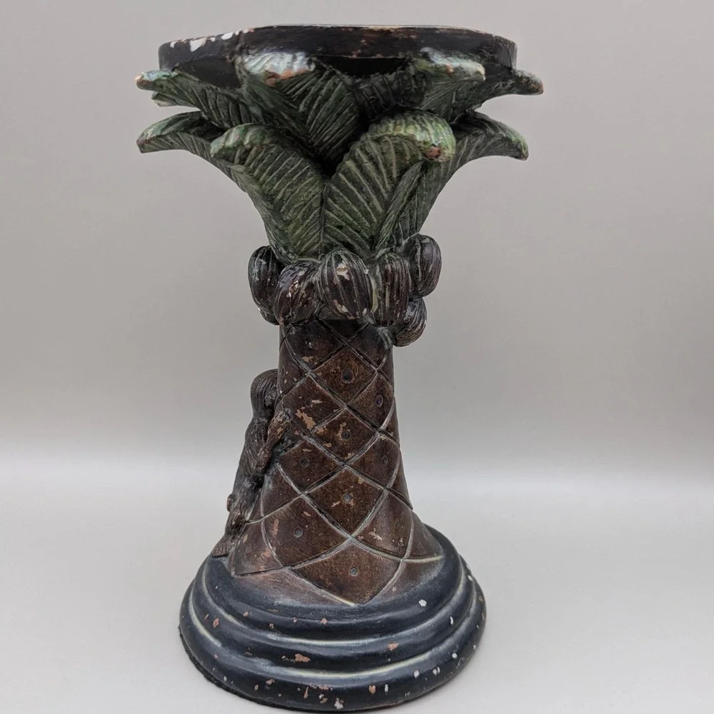 Vintage Style Monkey Palm Tree‎ Coconuts Pillar Candle Stands Holders - Set of 2